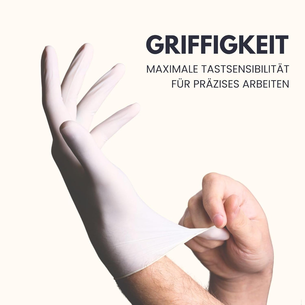 Latex Gloves Pack of 100 | L | Powder-Free Latex Gloves White | Textured, Tear-Resistant & Elastic | Disposable Examination Gloves for Care & Cosmetics | Size XS, S, M, L, XL