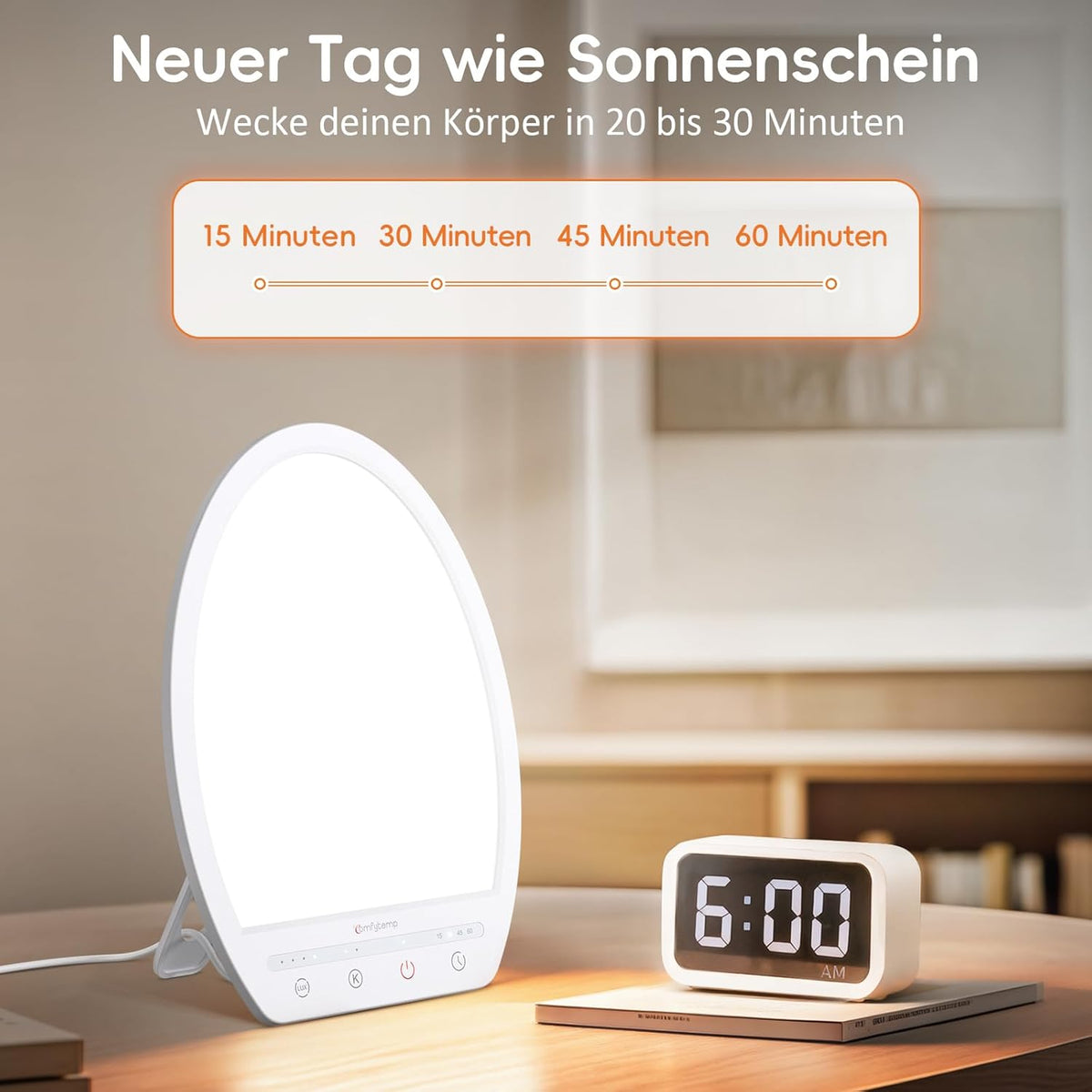Comfytemp Daylight Lamp Desk 16,000 Lux Sunlight Lamp, UV-Free Light Therapy 19 x 24 cm Simulation of Daylight for Improves Sleep Mood Concentration with Memory Function