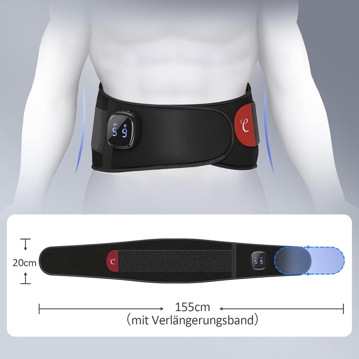 Comfytemp Heat Belt Back Massager with 15 Wh Battery with USB, 9 Heat Levels, 5 Vibration Modes Control at the Touch of a Button and App, 20 x 155 cm Wireless Heating Belt Automatic Shut-Off Back Warmer