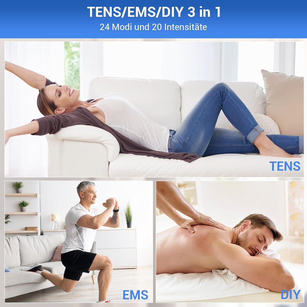 Comfytemp K6106 4 Channels 8 Electrodes TENS/EMS/DIY Device Pain Therapy with 24 Modes, Massage for Arm, Leg, Back, Shoulder, Neck with 10 Electrode Pads