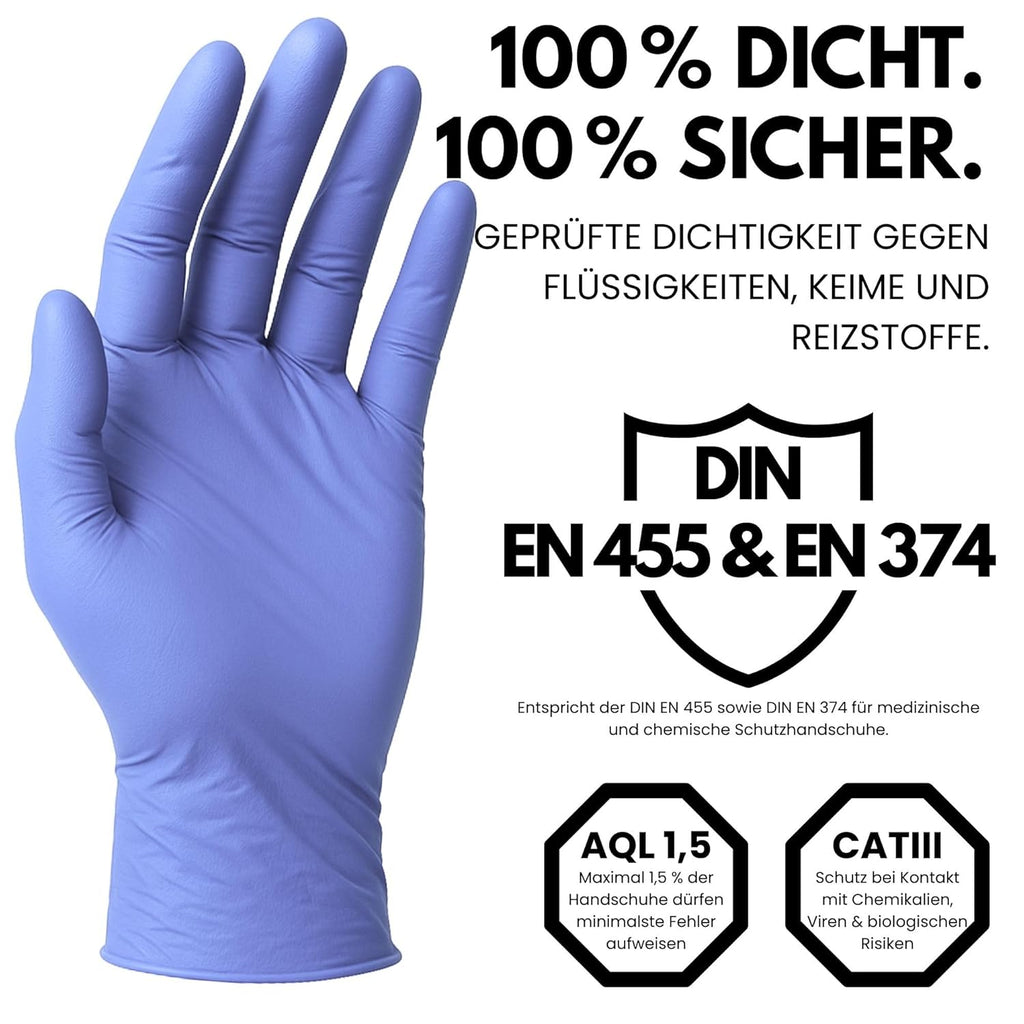 Disposable Gloves, XXL, Nitrile Gloves, Blue, Powder-Free, Latex-Free, Tear-Resistant & Sensitive EN 455 & EN 374, Size XS, S, M, L, XL, XXL Pack of 100
