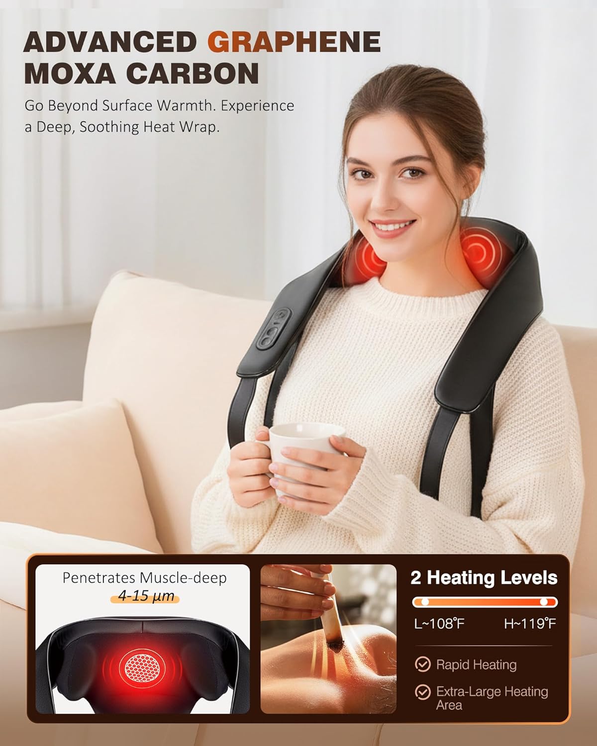 Neck and Shoulder Massager with Heat Wireless Enhanced Graphene Heating 4D Shiatsu Deep Kneading Massage for Pain Relief on Shoulder, Back and Legs, Jet Black