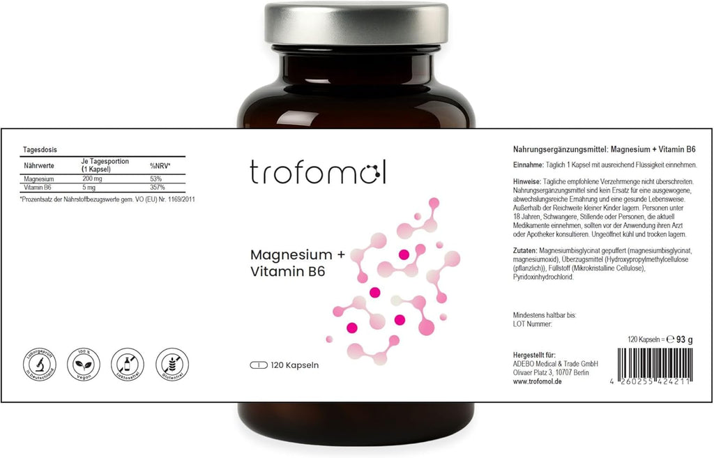 Magnesium Bisglycinate Buffered + Vitamin B6 - 120 Vegan Capsules - High Dose & Laboratory Tested - No Additives & GMO Free - Manufactured According to GMP Standard