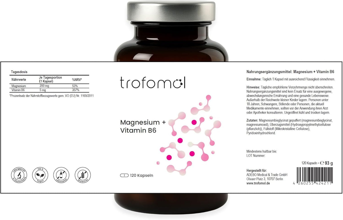 Magnesium Bisglycinate Buffered + Vitamin B6 - 120 Vegan Capsules - High Dose & Laboratory Tested - No Additives & GMO Free - Manufactured According to GMP Standard
