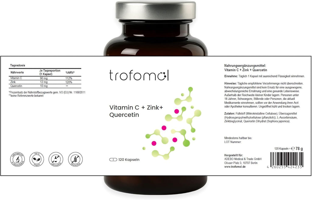 Vitamin C + Zinc + Quercetin - 120 Vegan Capsules - High Dose & Laboratory Tested - No Additives, Free from Genetic Engineering & According to GMP Standard