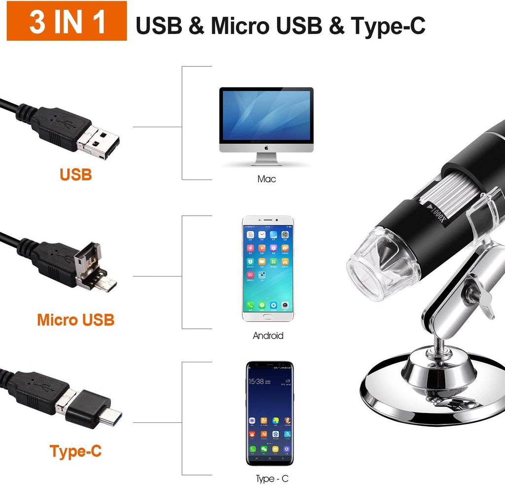 USB Digital Microscope 40X to 1000X, Bysameyee 8 LED Magnification Endoscope Camera with Carry Case and Metal Stand Compatible for Android Windows 7 8 10 Linux Mac