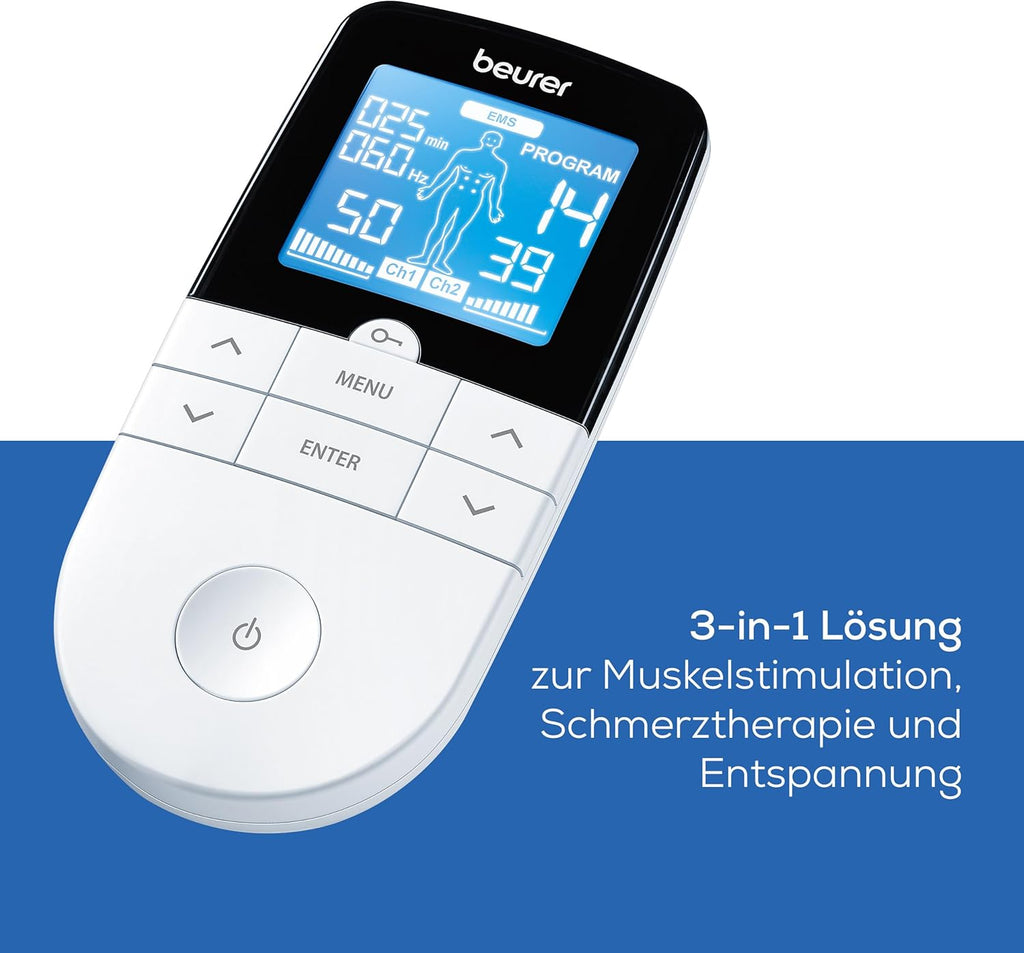 Beurer EM 49 Digital TENS/EMS, 3-in-1 Electrical Stimulation Device for Pain Relief by Electrical Nerve Stimulation, Training Through Electrical Muscle Stimulation, Massage Function, Including 4 Electrodes