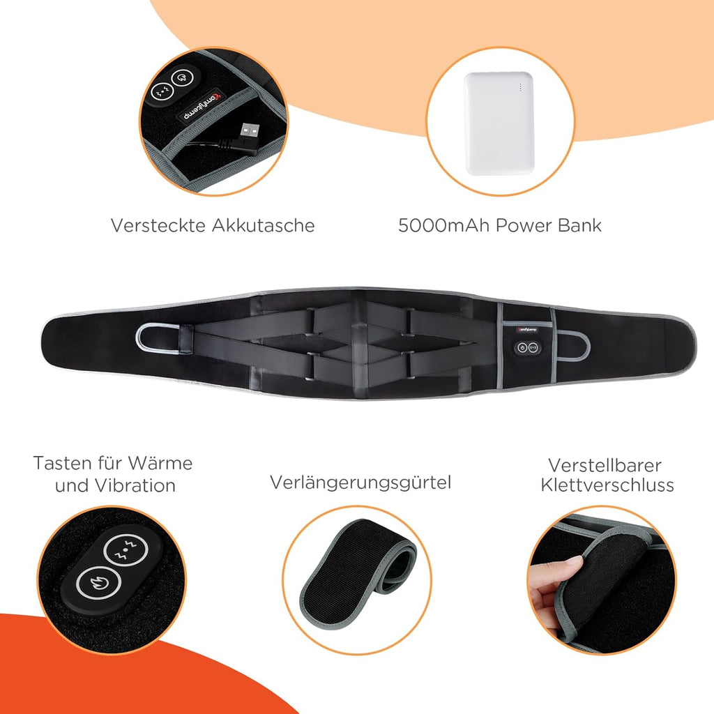 Comfytemp Heat Belt Vibration Massage for Back with 25 Wh Battery, 155 x 20 cm Wireless Massager with Compression Band, Back Warmer Heating Belt USB Heating Pad Gifts for Mothers, Women, Mum, Dad