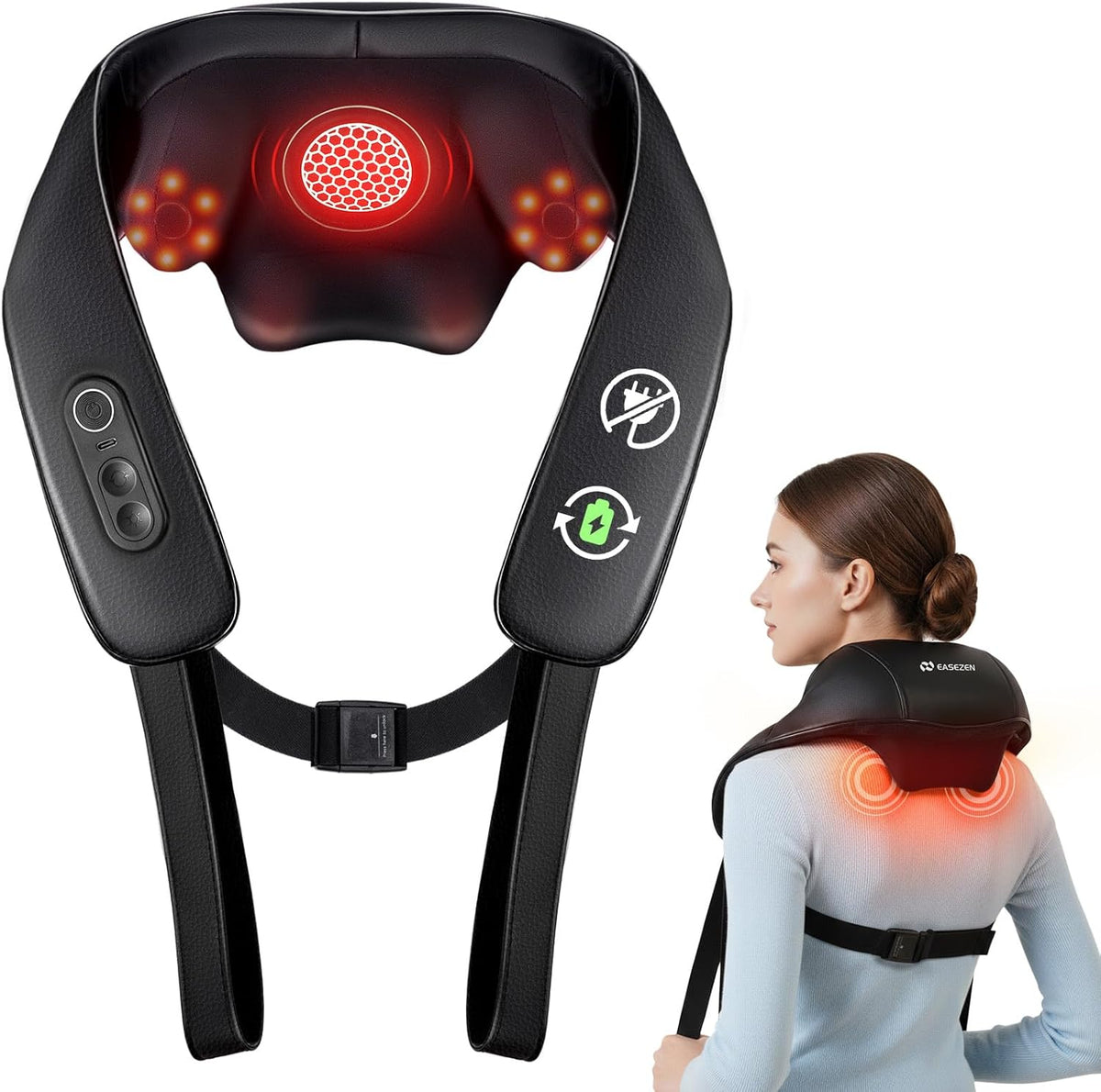 Neck and Shoulder Massager with Heat Wireless Enhanced Graphene Heating 4D Shiatsu Deep Kneading Massage for Pain Relief on Shoulder, Back and Legs, Jet Black