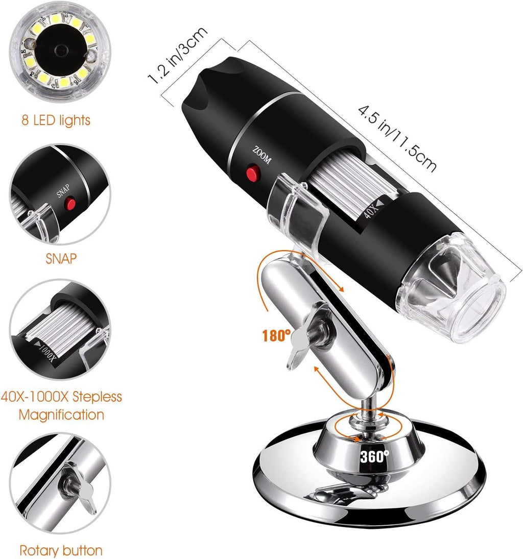 USB Digital Microscope 40X to 1000X, Bysameyee 8 LED Magnification Endoscope Camera with Carry Case and Metal Stand Compatible for Android Windows 7 8 10 Linux Mac