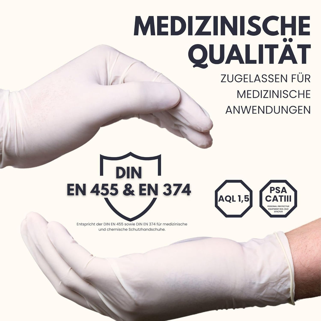 Latex Gloves Pack of 100 | L | Powder-Free Latex Gloves White | Textured, Tear-Resistant & Elastic | Disposable Examination Gloves for Care & Cosmetics | Size XS, S, M, L, XL