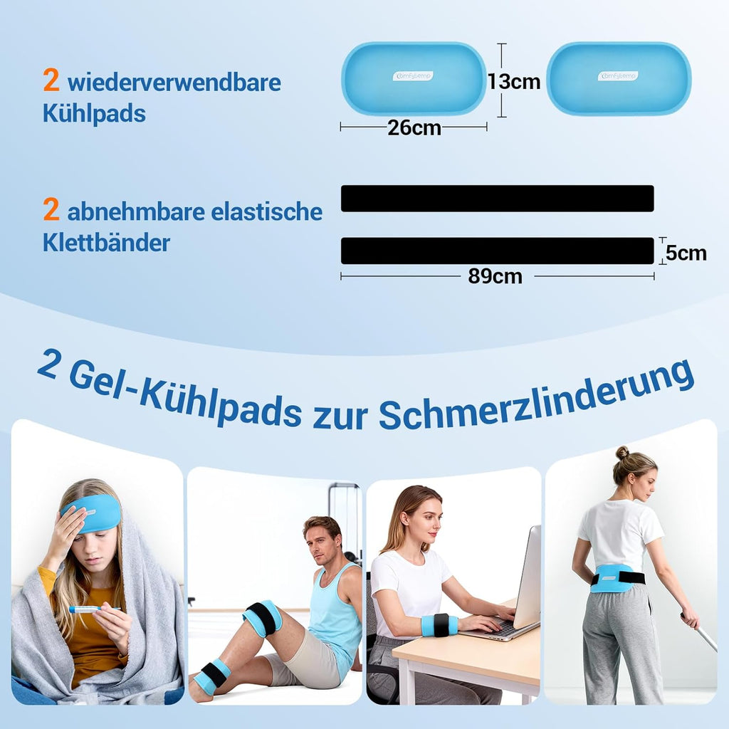 Comfytemp Kühlpads mit Klettband, 26 x 13 cm, 2 Stück, Wiederverwendbare Kühlpack Gel-Kühlkompressen, Kühlkissen Kühlbeutel Kalt Warm Kompresse Kühlmanschette für Augen, Nacken, Knie, Füße, Handgelenk