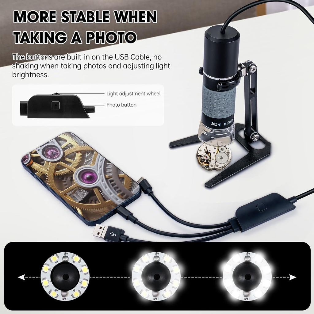 1080P USB Microscope with Metal Stand, 50X-1000X Handheld Digital Microscope Camera Compatible with iPhone/Android/Windows/Mac