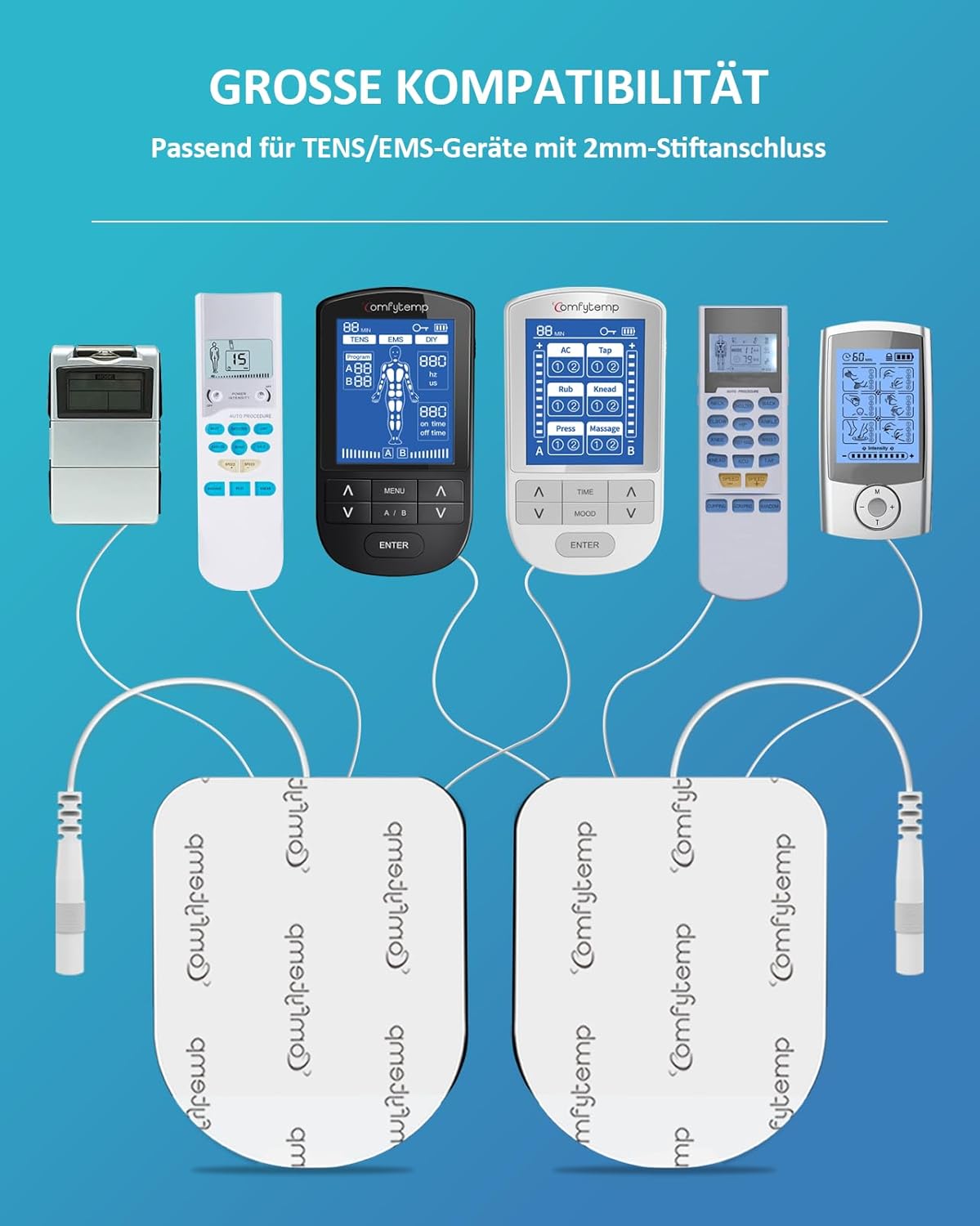 Comfytemp Set of 10 Electrodes (Only for K6106/K6105) (4S+4M+2L) (4.5 x 5.4 cm, 5 x 8 cm, 6 x 11 cm) Compatible with 2 mm Pin Connector Electrode Pads. Reusable