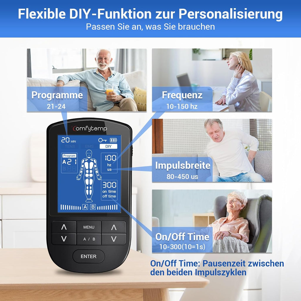 Comfytemp K6106 4 Channels 8 Electrodes TENS/EMS/DIY Device Pain Therapy with 24 Modes, Massage for Arm, Leg, Back, Shoulder, Neck with 10 Electrode Pads