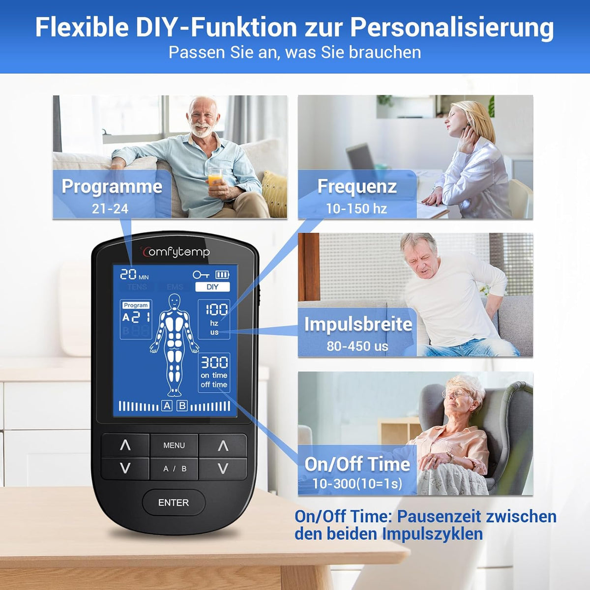 Comfytemp K6106 4 Channels 8 Electrodes TENS/EMS/DIY Device Pain Therapy with 24 Modes, Massage for Arm, Leg, Back, Shoulder, Neck with 10 Electrode Pads