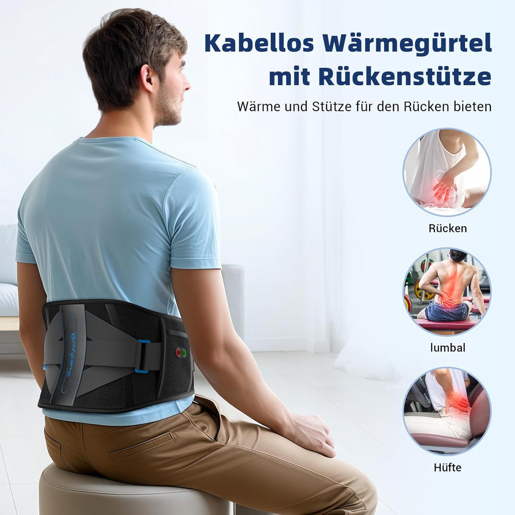 Comfytemp Heat Belt Back Support Belt with 25 Wh Battery, 155 x 22 cm Wireless Heating Belt with Back Support for Back, Heating Pad with Automatic Shut-Off Back Warmer with USB Gifts for Mums, Mum, Dad