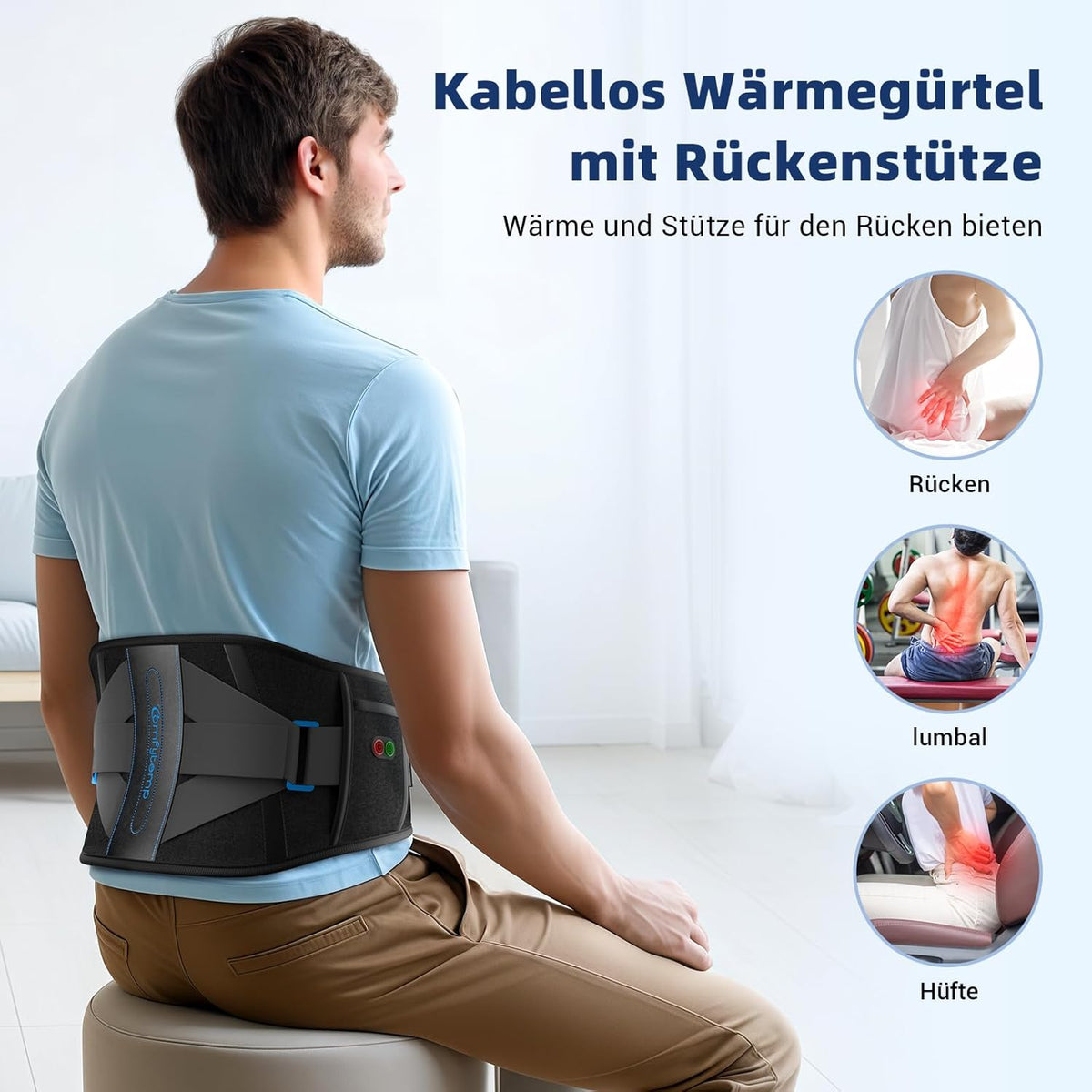 Comfytemp Heat Belt Back Support Belt with 25 Wh Battery, 155 x 22 cm Wireless Heating Belt with Back Support for Back, Heating Pad with Automatic Shut-Off Back Warmer with USB Gifts for Mums, Mum, Dad