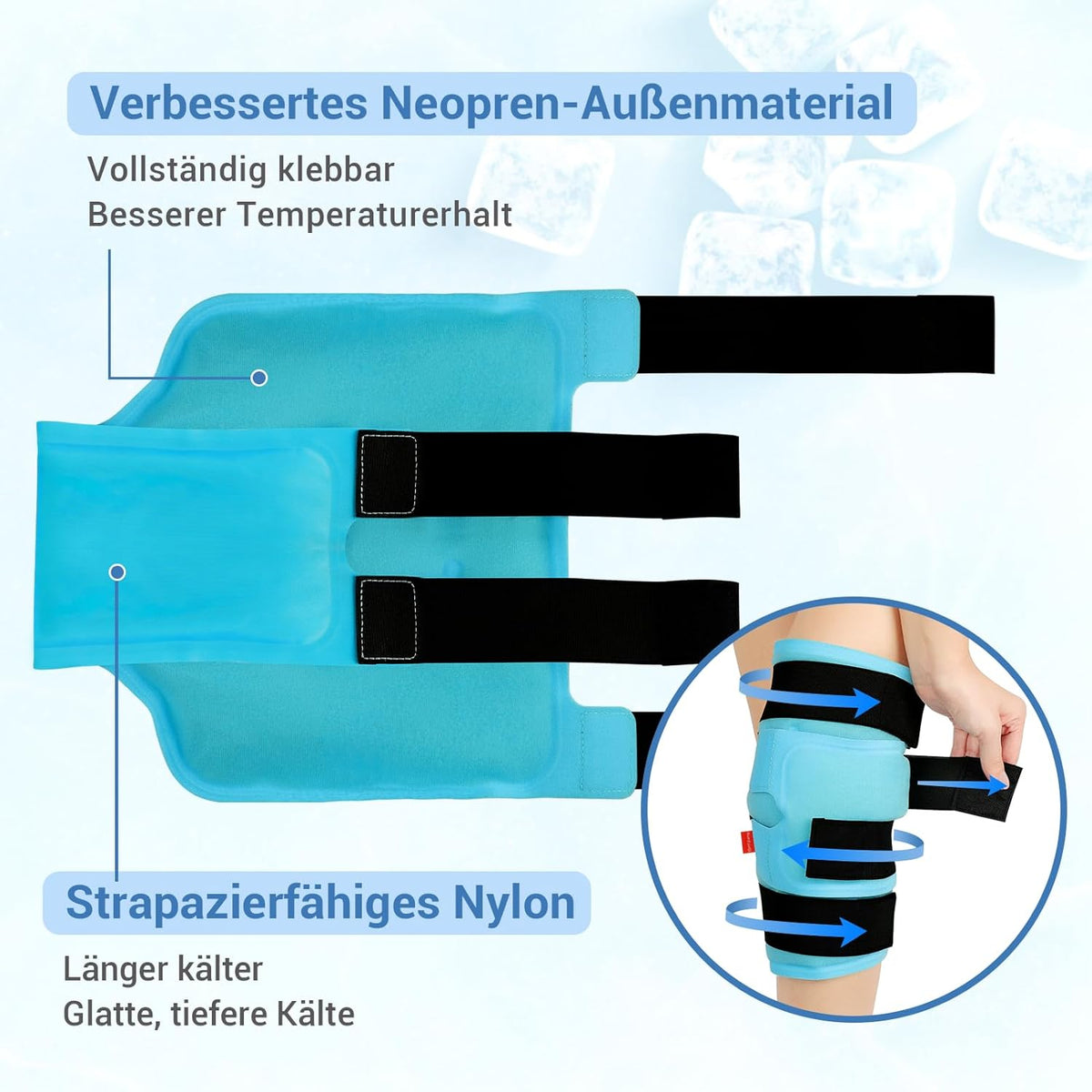 Comfytemp XXL - Large Cooling Cuff Knee Calf Leg with 4 Fasteners, 30 x 60 cm Fully Wrapping Cooling Bandage Cooling Pad Gel for Knee Pain, Cold Warm Compress Cool Pack XXL