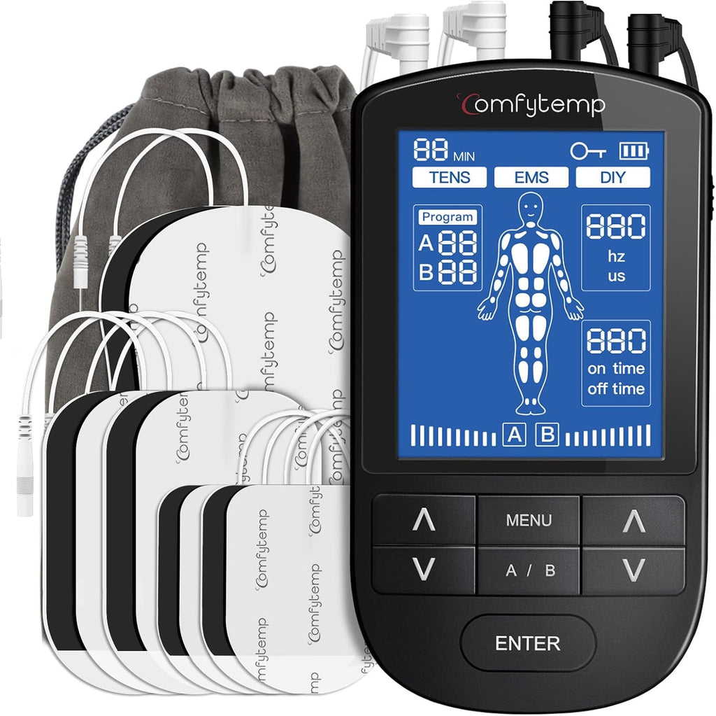Comfytemp K6106 4 Channels 8 Electrodes TENS/EMS/DIY Device Pain Therapy with 24 Modes, Massage for Arm, Leg, Back, Shoulder, Neck with 10 Electrode Pads
