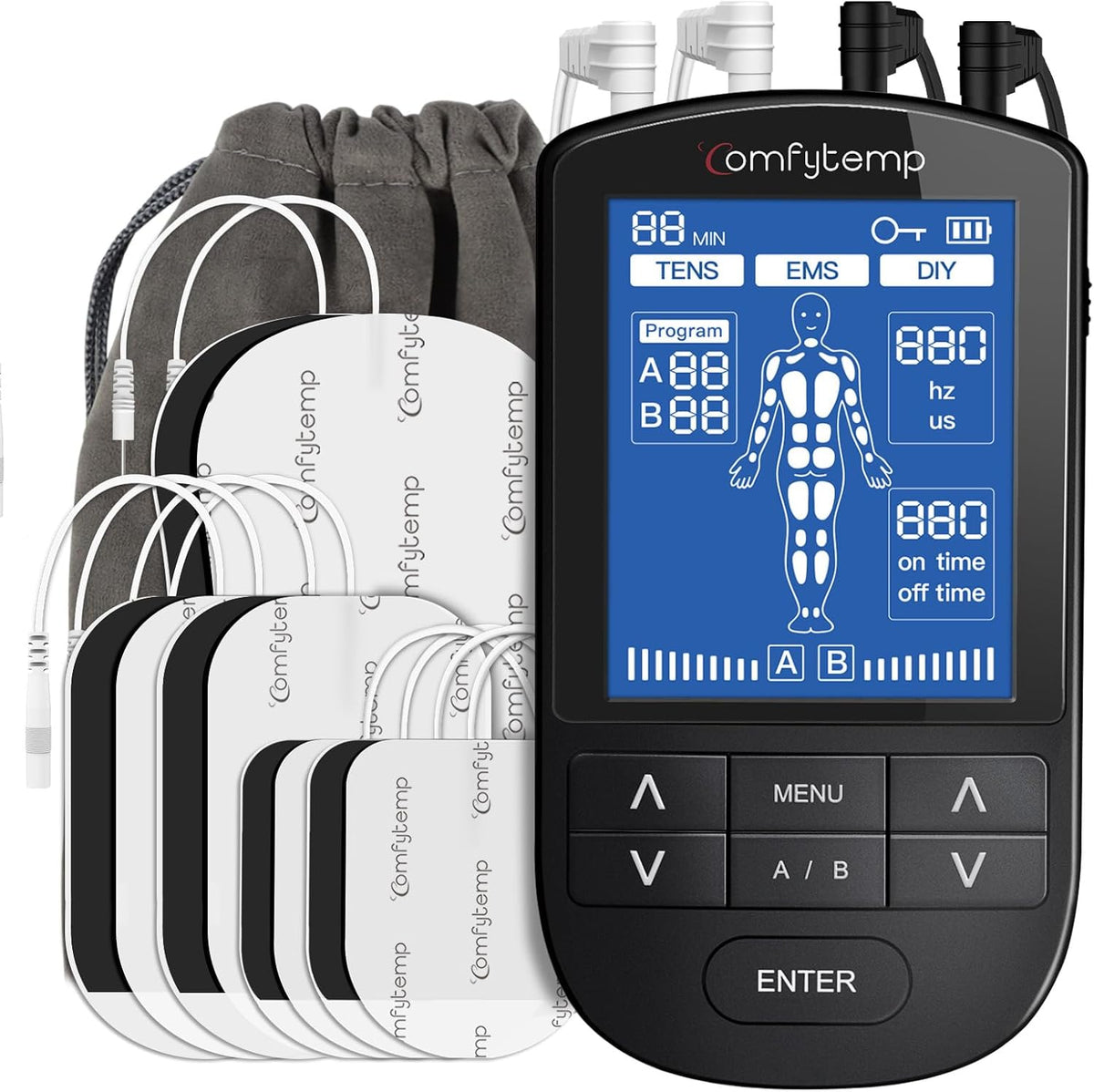 Comfytemp K6106 4 Channels 8 Electrodes TENS/EMS/DIY Device Pain Therapy with 24 Modes, Massage for Arm, Leg, Back, Shoulder, Neck with 10 Electrode Pads