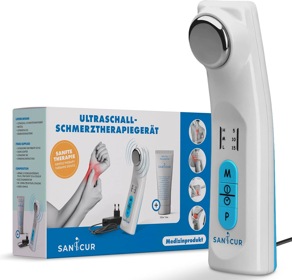 Ultrasonic Pain Therapy Device - Certified Medical Device, Effective for Muscle Pain, Osteoarthritis, Strains & Tension, 150 ml Ultrasonic Gel, 3 Intensity Levels, Back & Joints