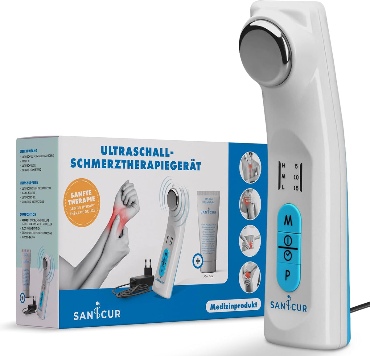 Ultrasonic Pain Therapy Device - Certified Medical Device, Effective for Muscle Pain, Osteoarthritis, Strains & Tension, 150 ml Ultrasonic Gel, 3 Intensity Levels, Back & Joints