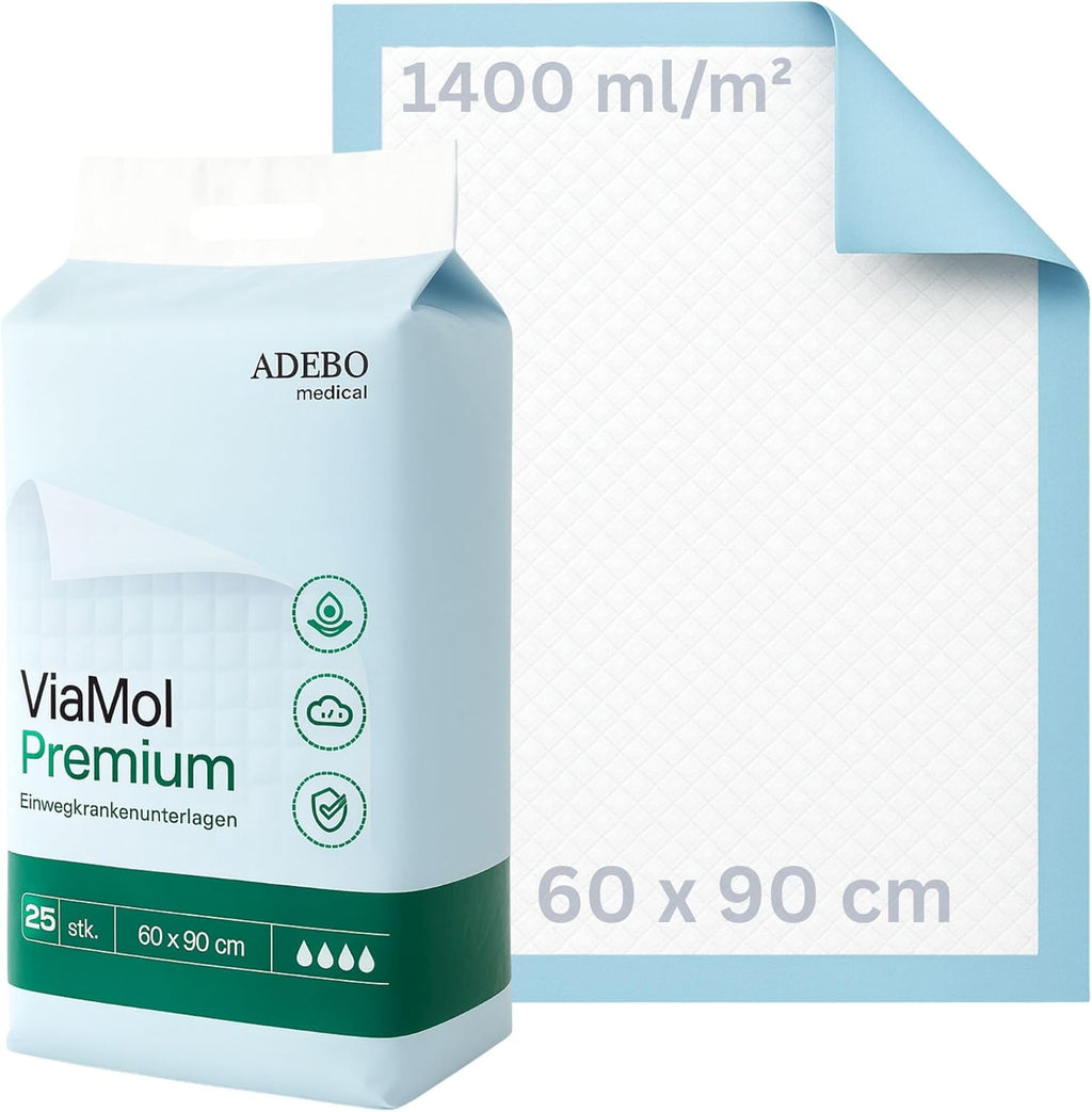 ViaMol Premium | 25 | Disposable Incontinence Pads 60 x 90 cm - Absorbent 5-Ply Hospital Pads 1400 ml/m² - Soft & Non-Slip Bed Pads for Incontinence - Changing Mats