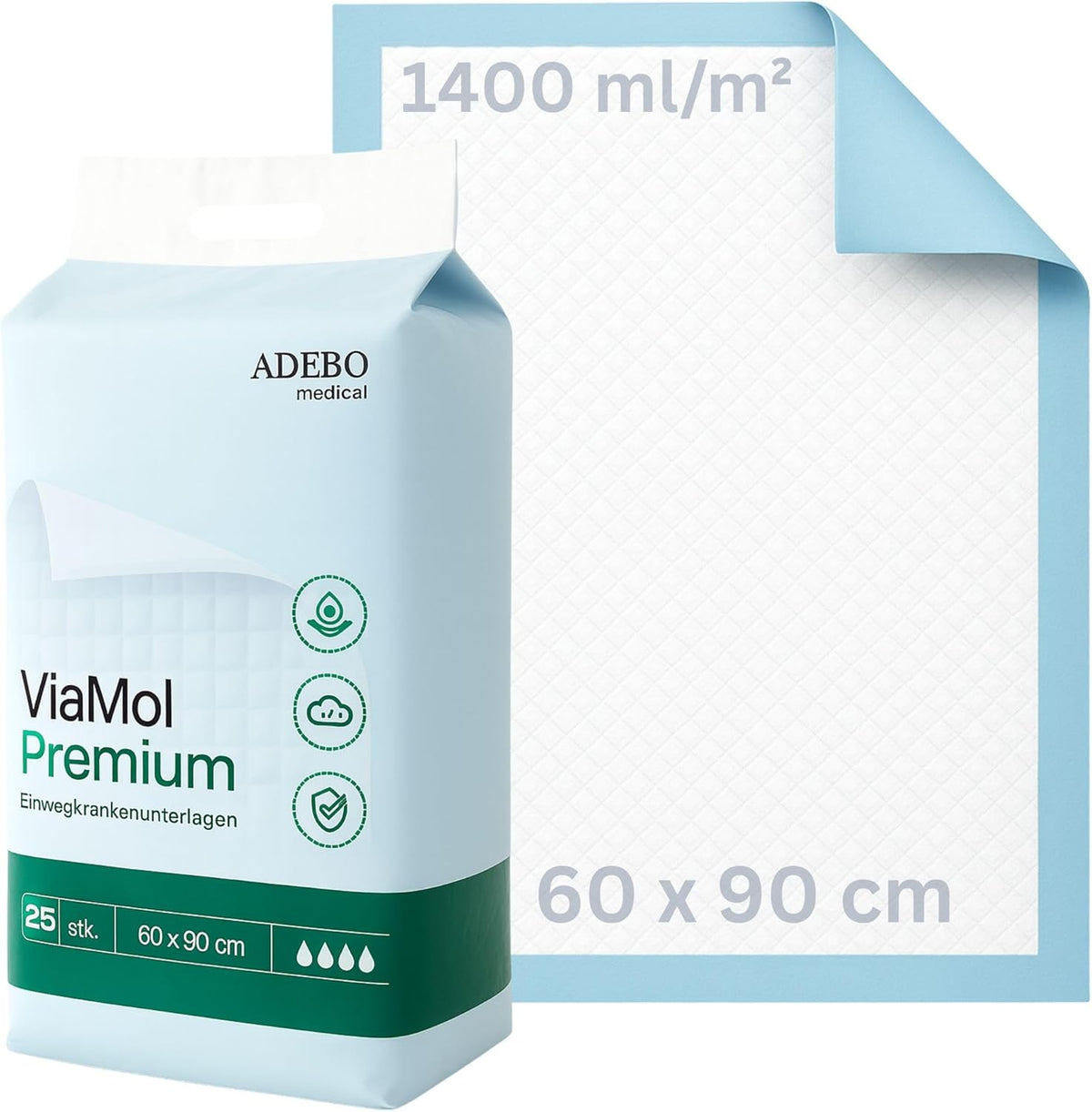 ViaMol Premium | 25 | Disposable Incontinence Pads 60 x 90 cm - Absorbent 5-Ply Hospital Pads 1400 ml/m² - Soft & Non-Slip Bed Pads for Incontinence - Changing Mats