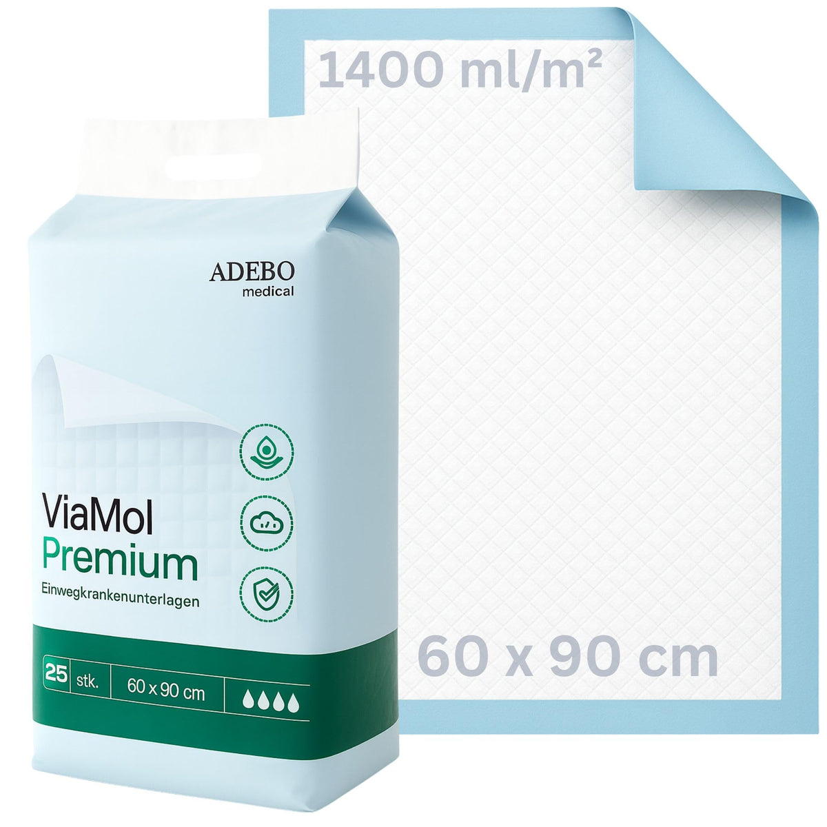 ViaMol Premium | 25 | Disposable Incontinence Pads 60 x 90 cm - Absorbent 5-Ply Hospital Pads 1400 ml/m² - Soft & Non-Slip Bed Pads for Incontinence - Changing Mats