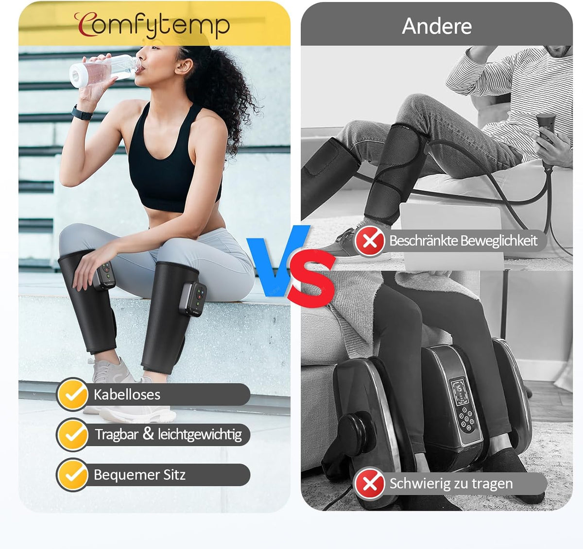 Comfytemp Wireless Leg Massager (2 Pieces) Air Compression Massage with Heating for Legs Calves Lower Leg 45 x 33 cm Massager with DIY, Control at the Touch of a Button and App 2500 mAh Battery
