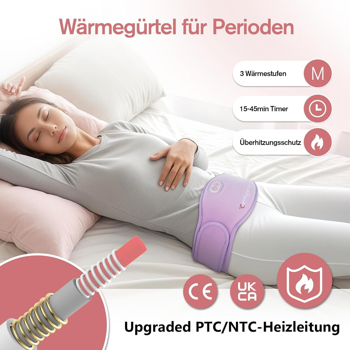 Comfytemp Large Heat Belt Period with 5000 mAh Battery for Periods Abdominal and Back 16 x 150 cm Wireless Heating Belt Menstruation Abdominal Warmer Back Warmer with USB Gifts for Mothers, Women, Mum