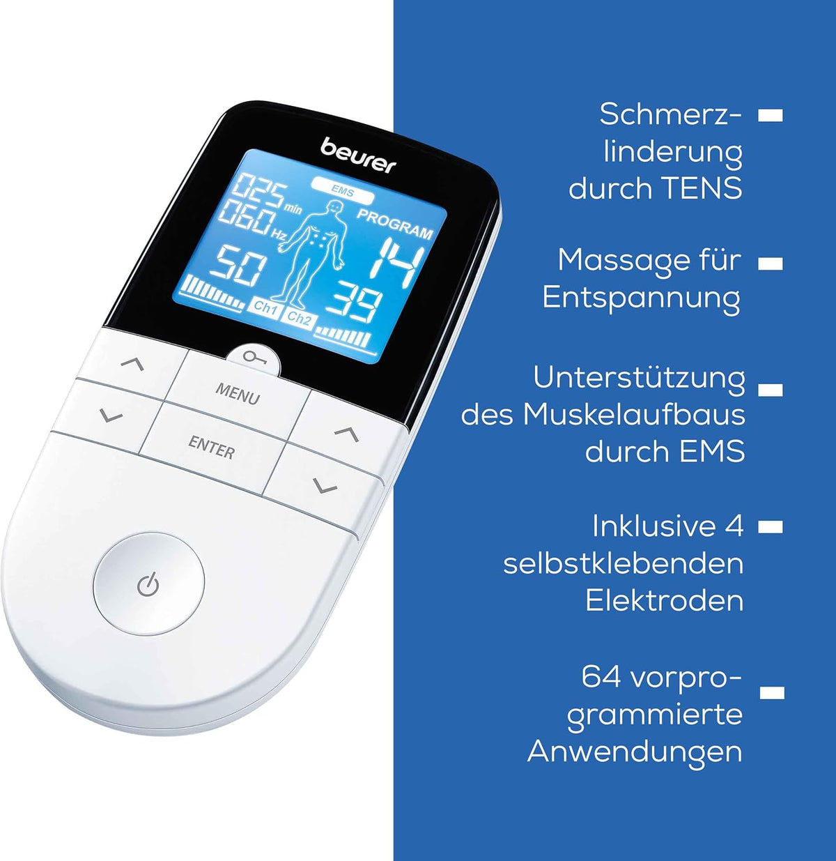 Beurer EM 49 Digital TENS/EMS, 3-in-1 Electrical Stimulation Device for Pain Relief by Electrical Nerve Stimulation, Training Through Electrical Muscle Stimulation, Massage Function, Including 4 Electrodes