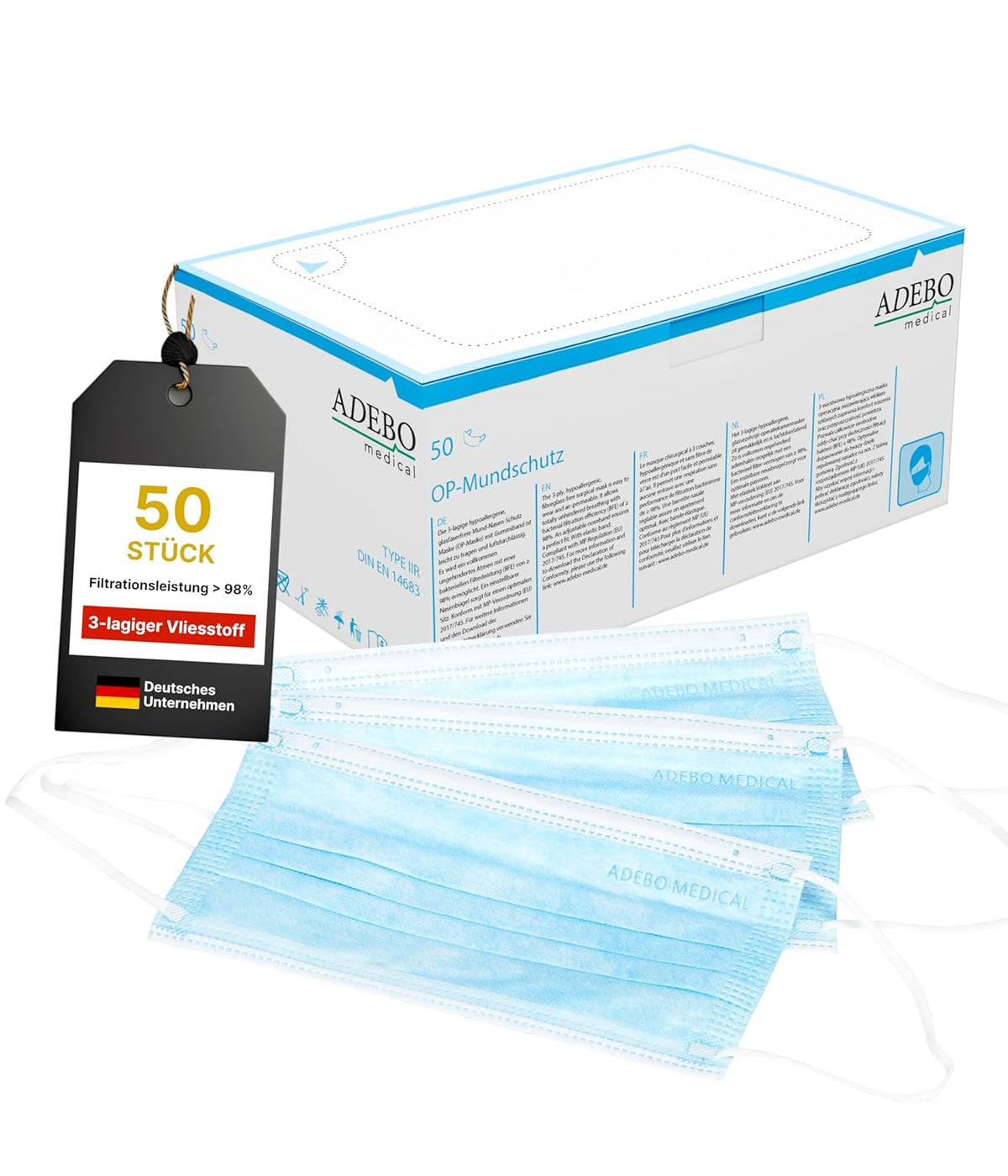 Surgical Masks Type IIR - Pack of 50 | Medical 3-Layer Disposable Masks | EN 14683 & CE Certified | BFE ≥98% | Blue | Latex Free & Hypoallergenic, Breathable