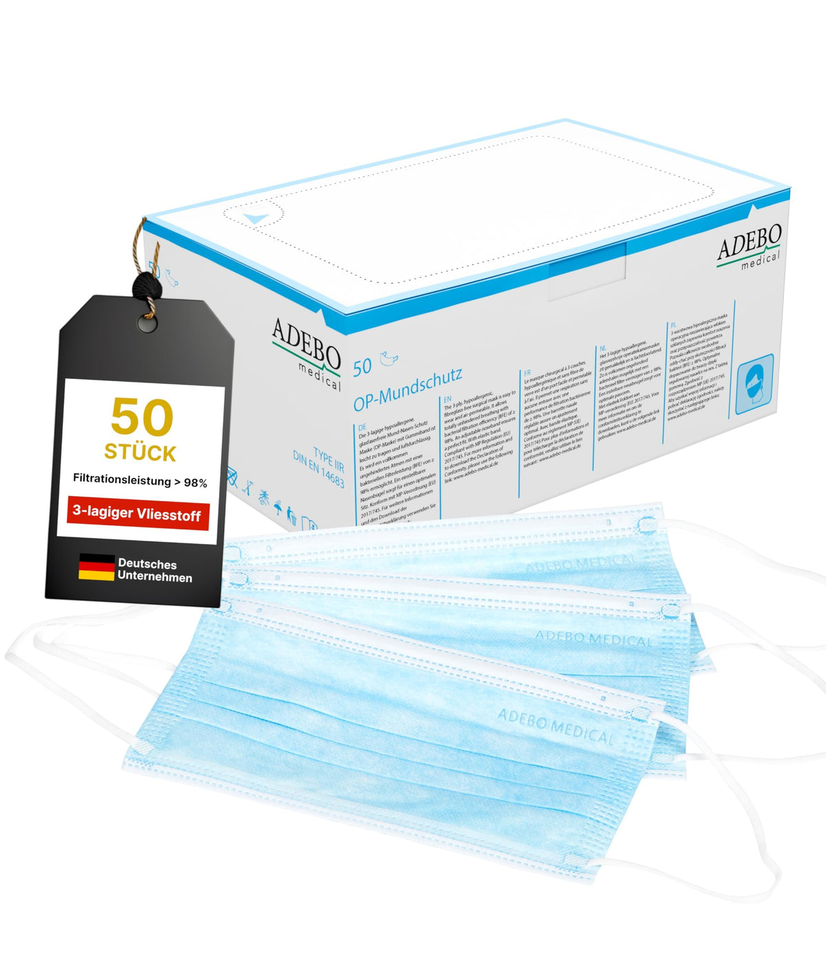 Surgical Masks Type IIR - Pack of 50 | Medical 3-Layer Disposable Masks | EN 14683 & CE Certified | BFE ≥98% | Blue | Latex Free & Hypoallergenic, Breathable
