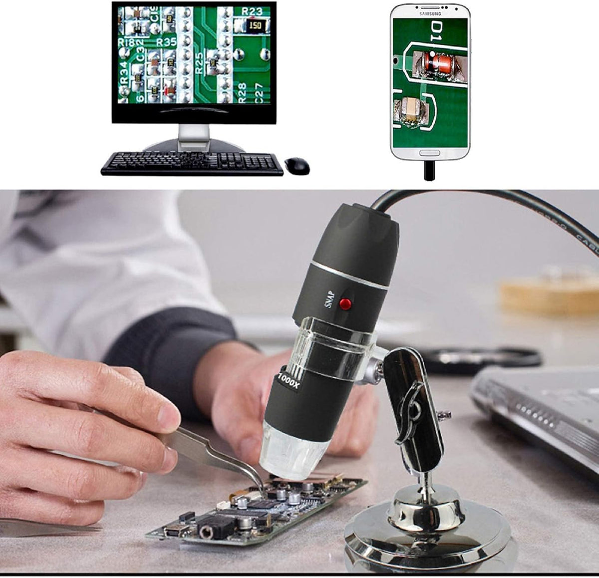 USB Digital Microscope 40X to 1000X, Bysameyee 8 LED Magnification Endoscope Camera with Carry Case and Metal Stand Compatible for Android Windows 7 8 10 Linux Mac