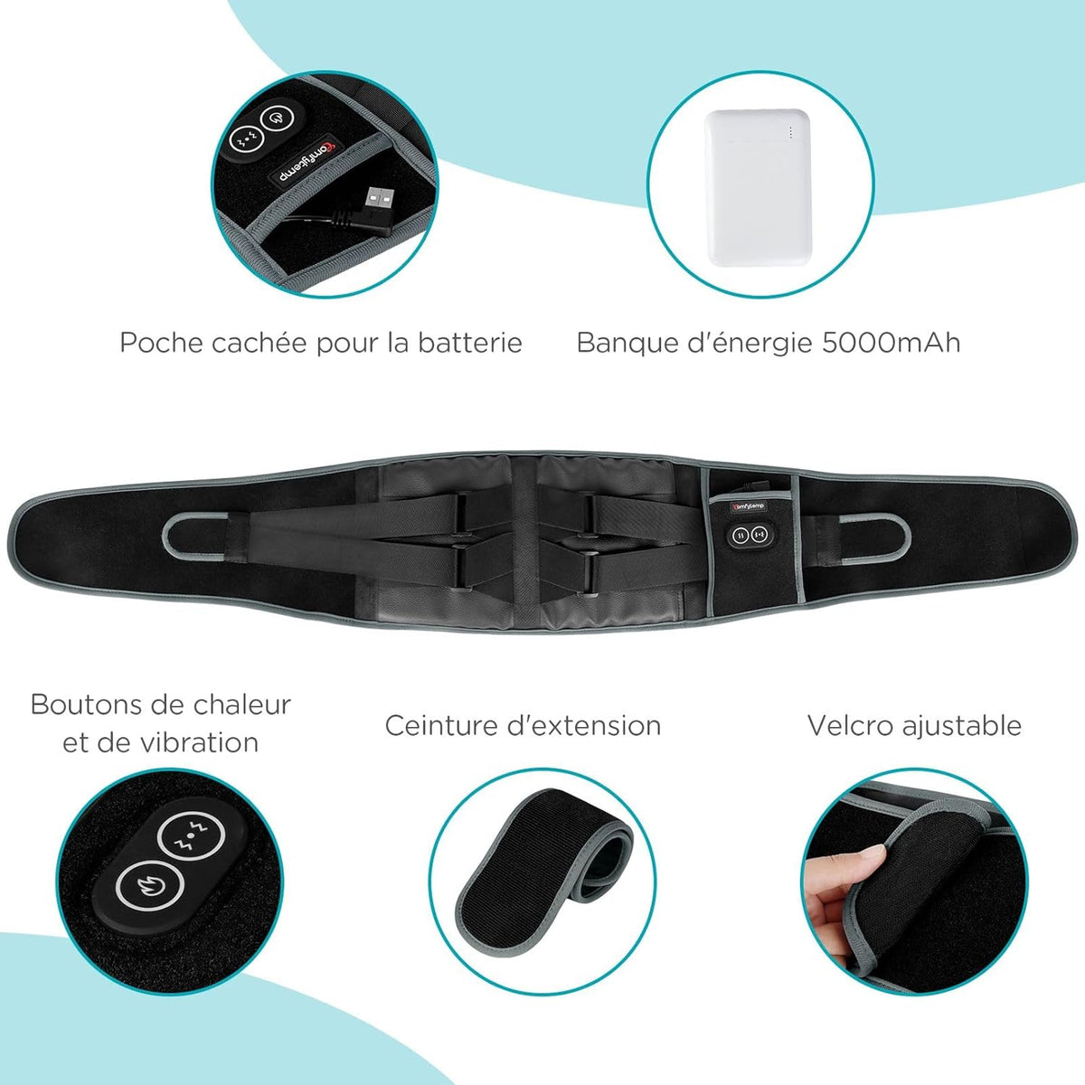 Comfytemp Heat Belt Vibration Massage for Back with 25 Wh Battery, 155 x 20 cm Wireless Heating Belt with Adjustable Tension Band, Massager Heating Pad with Automatic Shut-Off Back Warmer