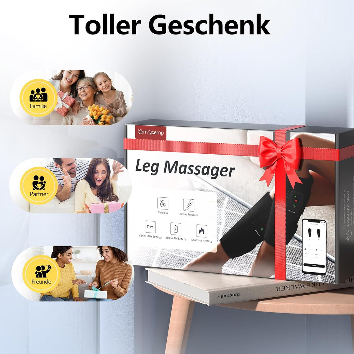Comfytemp Wireless Leg Massager (2 Pieces) Air Compression Massage with Heating for Legs Calves Lower Leg 45 x 33 cm Massager with DIY, Control at the Touch of a Button and App 2500 mAh Battery