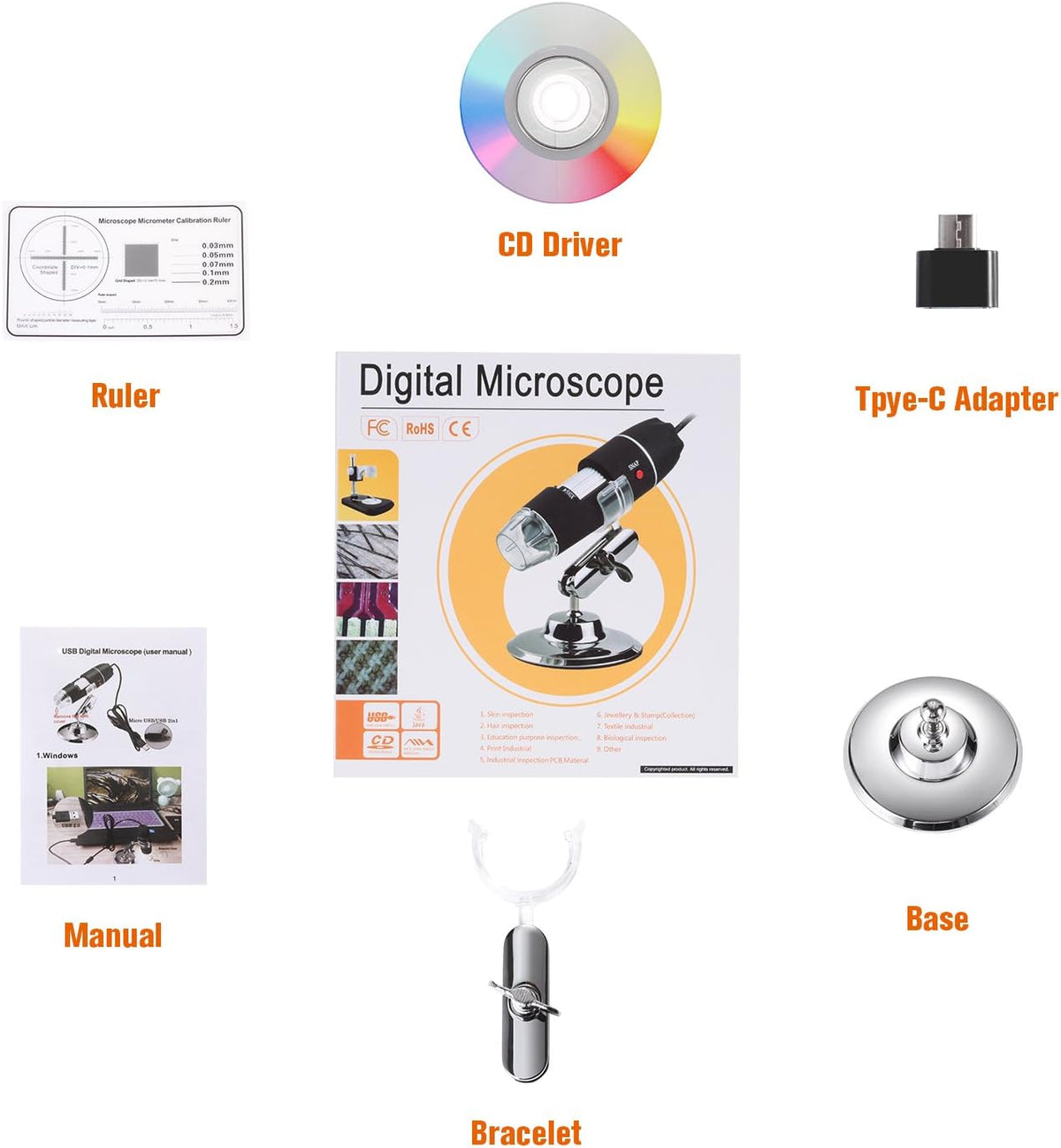 USB Digital Microscope, Handheld 40X-1000X Magnification Endoscope, 8 LED Mini Video Camera for Windows 7/8/10, Mac, Linux, Android (with OTG)