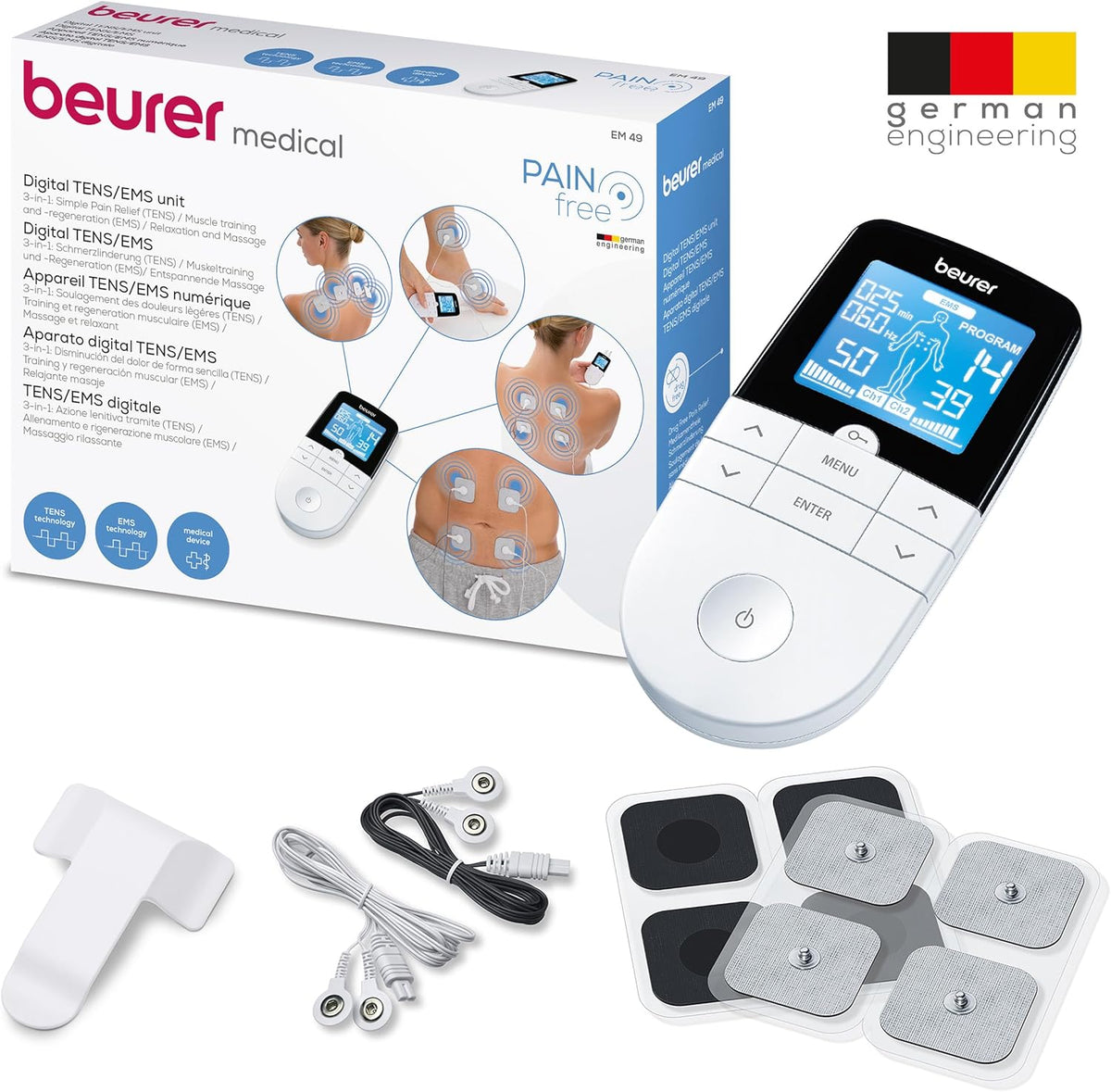 Beurer EM 49 Digital TENS/EMS, 3-in-1 Electrical Stimulation Device for Pain Relief by Electrical Nerve Stimulation, Training Through Electrical Muscle Stimulation, Massage Function, Including 4 Electrodes