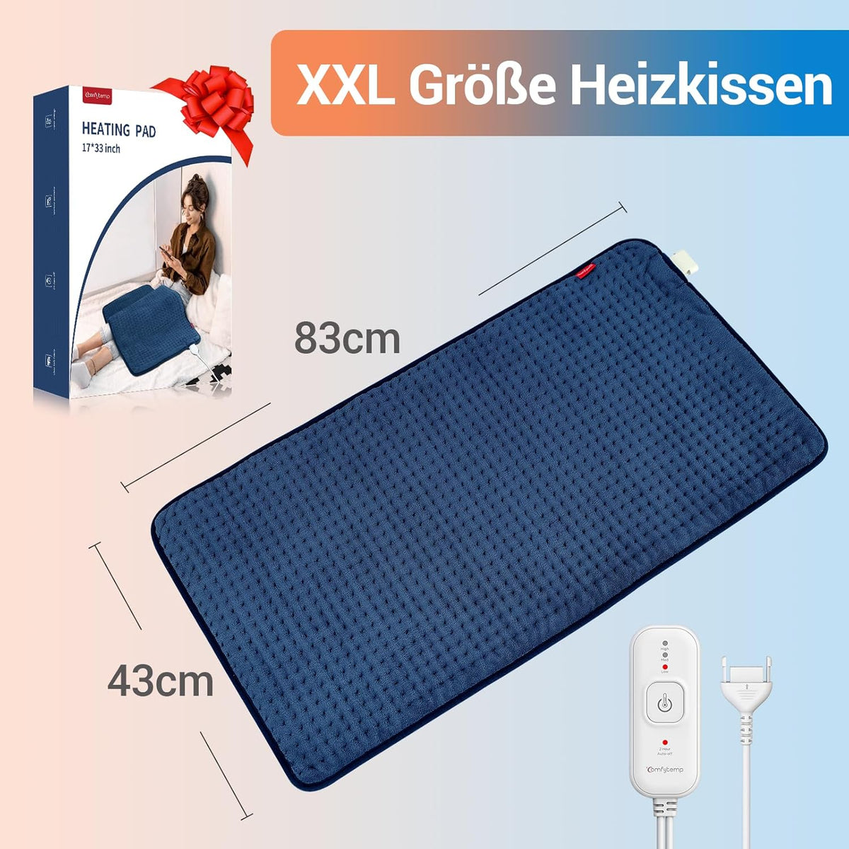 Comfytemp XXL Large Heating Pad 83 x 43 cm, Ultra Soft Heat Pad with Automatic Shut-Off, Age-Friendly Electric Blanket with Safety System for Back, Shoulder, Neck, Stomach, Legs, Knee, Machine Washable