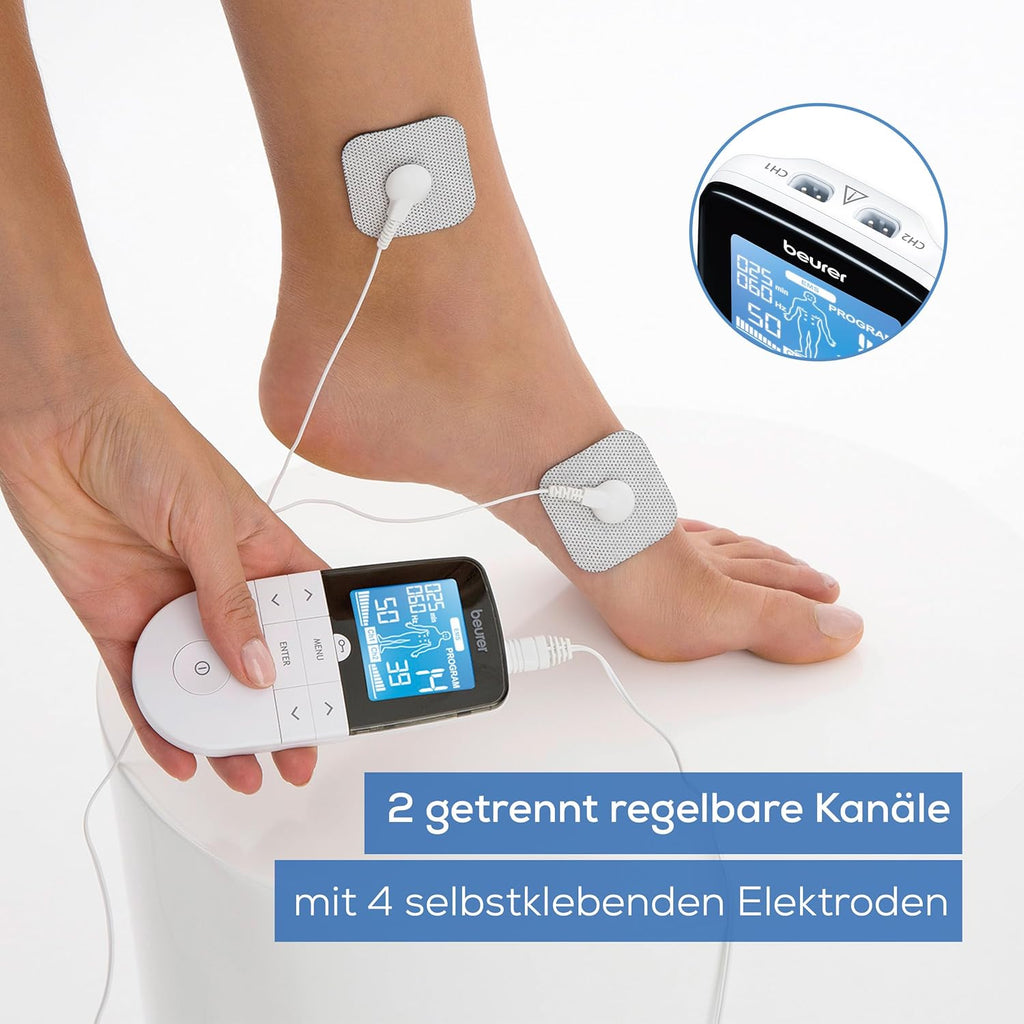 Beurer EM 49 Digital TENS/EMS, 3-in-1 Electrical Stimulation Device for Pain Relief by Electrical Nerve Stimulation, Training Through Electrical Muscle Stimulation, Massage Function, Including 4 Electrodes