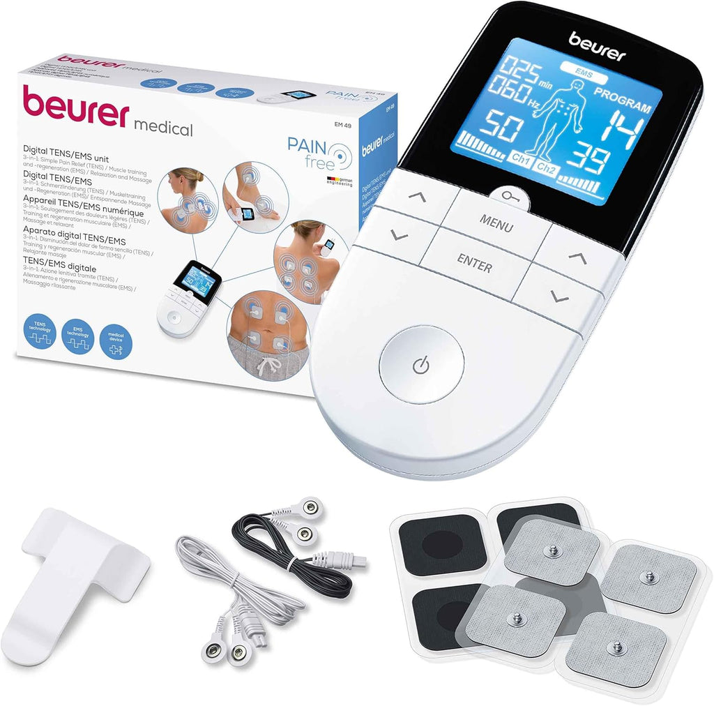 Beurer EM 49 Digital TENS/EMS, 3-in-1 Electrical Stimulation Device for Pain Relief by Electrical Nerve Stimulation, Training Through Electrical Muscle Stimulation, Massage Function, Including 4 Electrodes