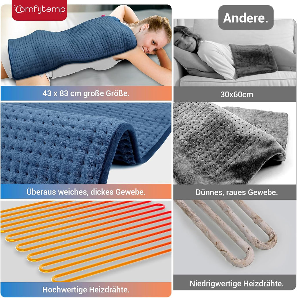 Comfytemp XXL Large Heating Pad 83 x 43 cm, Ultra Soft Heat Pad with Automatic Shut-Off, Age-Friendly Electric Blanket with Safety System for Back, Shoulder, Neck, Stomach, Legs, Knee, Machine Washable