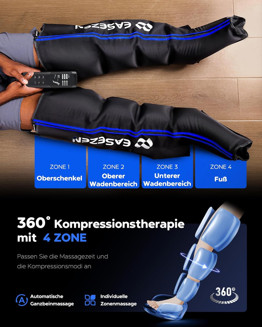 EaseZen Beinmassagegerät mit Luftkompressionssystem für schnelle Erholung von Füßen, Waden und Oberschenkeln, Linderung von Ödemen und Schmerzen für die Durchblutung, Größe S