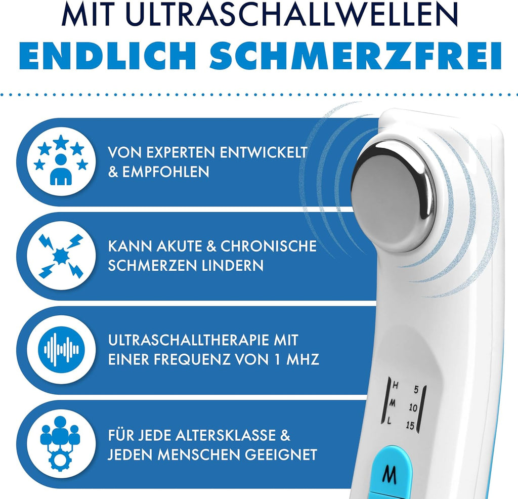 Ultrasonic Pain Therapy Device - Certified Medical Device, Effective for Muscle Pain, Osteoarthritis, Strains & Tension, 150 ml Ultrasonic Gel, 3 Intensity Levels, Back & Joints