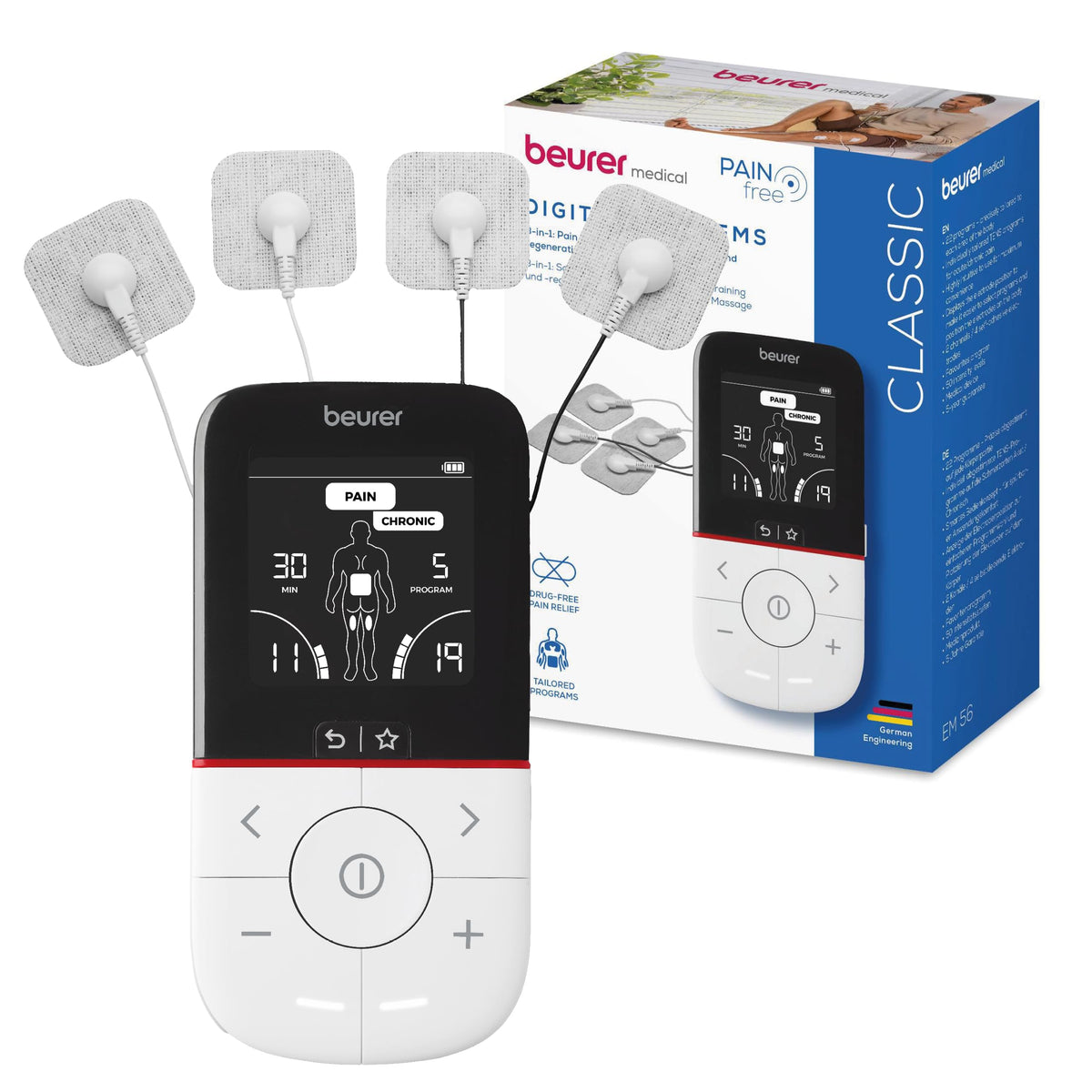 Beurer EM 49 Digital TENS/EMS, 3-in-1 Electrical Stimulation Device for Pain Relief by Electrical Nerve Stimulation, Training Through Electrical Muscle Stimulation, Massage Function, Including 4 Electrodes