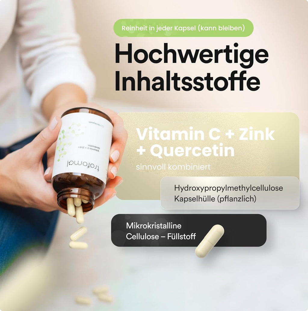 Vitamin C + Zinc + Quercetin - 120 Vegan Capsules - High Dose & Laboratory Tested - No Additives, Free from Genetic Engineering & According to GMP Standard