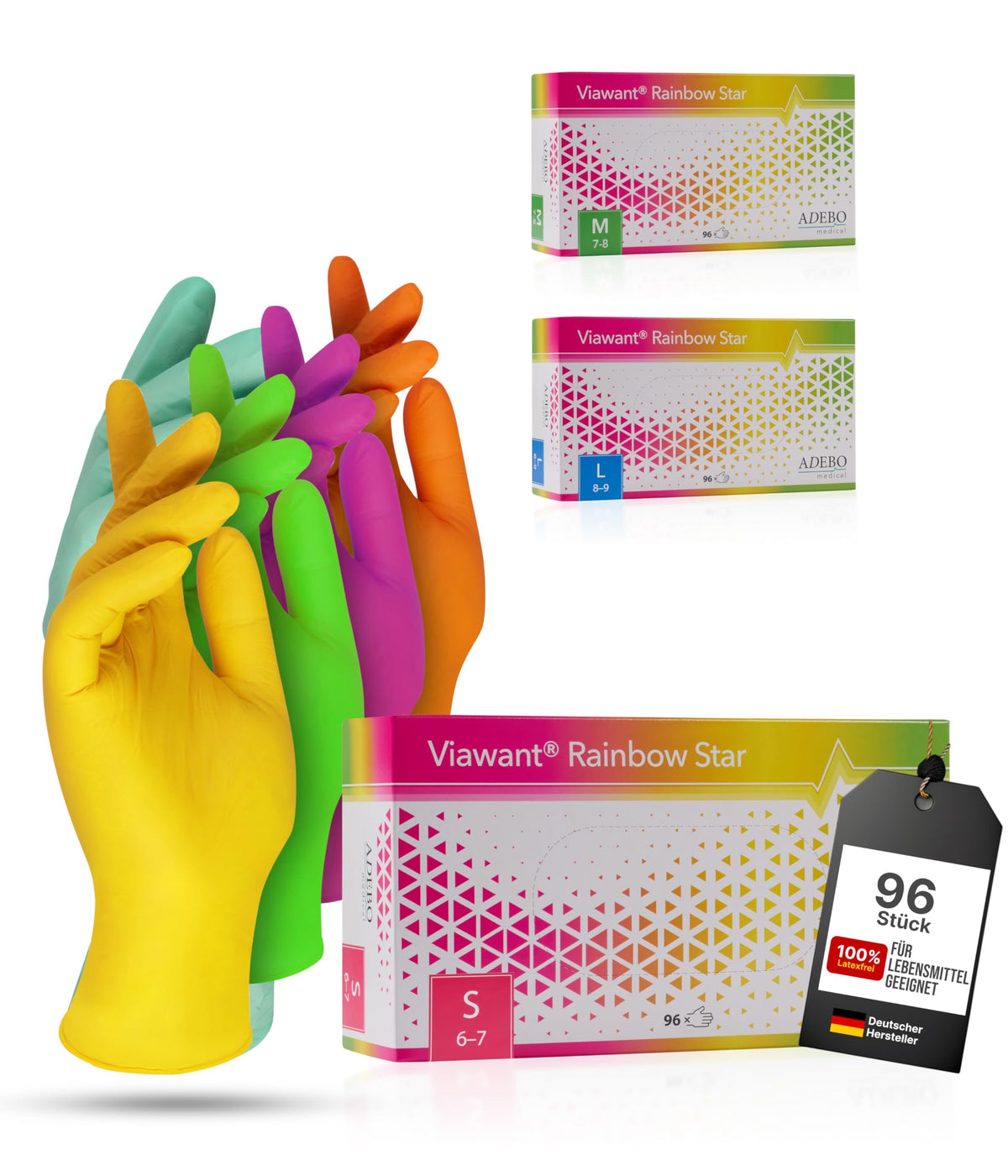 Rainbow Star Disposable Nitrile Gloves M [Pack of 96] Sturdy, Hypoallergenic, Powder-Free & Latex Free - Tear-Resistant Disposable Gloves