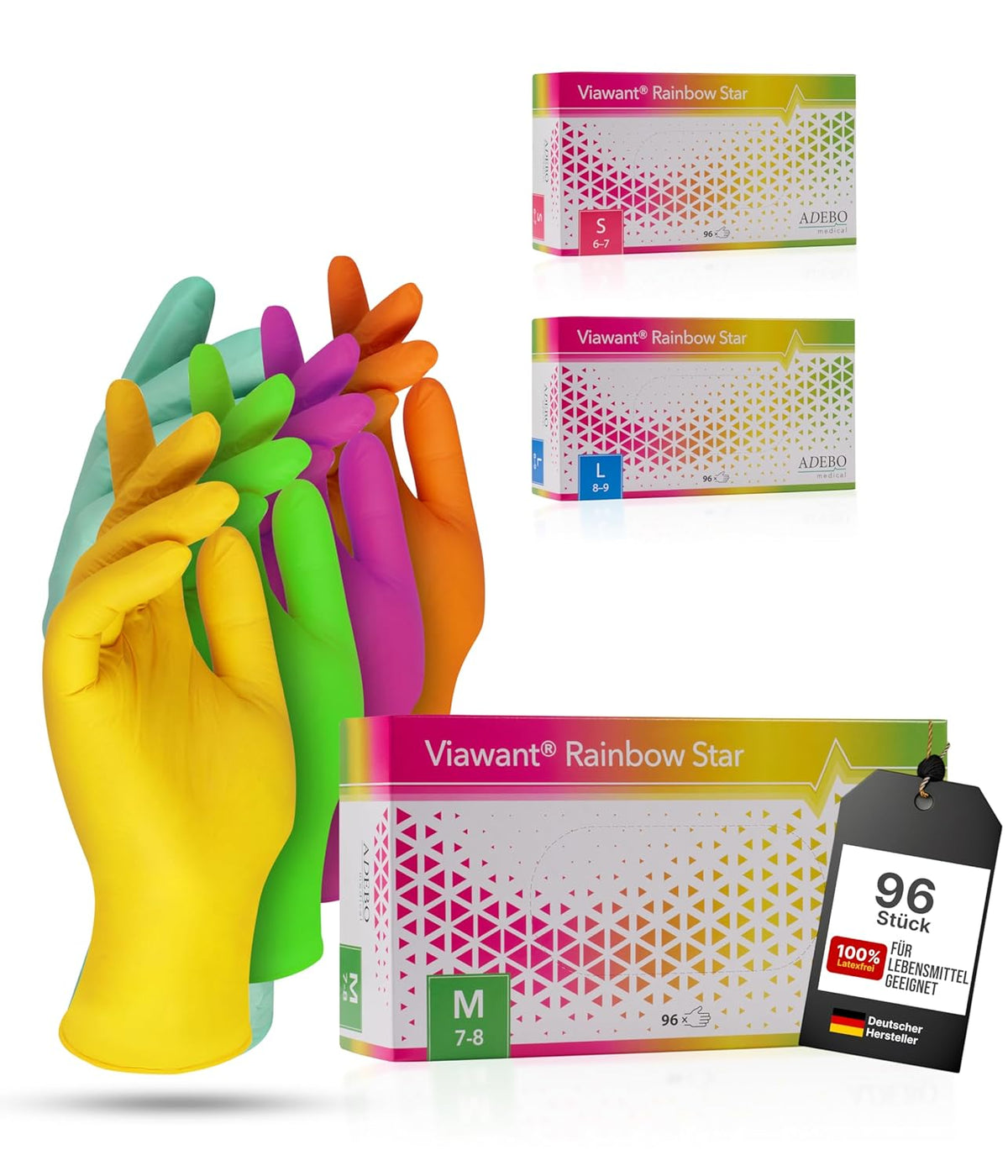 Rainbow Star Disposable Nitrile Gloves M [Pack of 96] Sturdy, Hypoallergenic, Powder-Free & Latex Free - Tear-Resistant Disposable Gloves